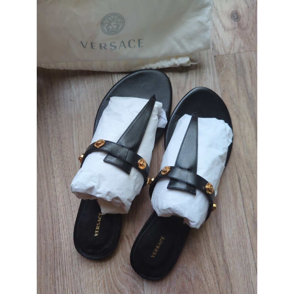 Versace Medusa Studs Flat Thong Sandals Black Leather Womens 10 EU 40 DST669CS - Picture 2 of 14